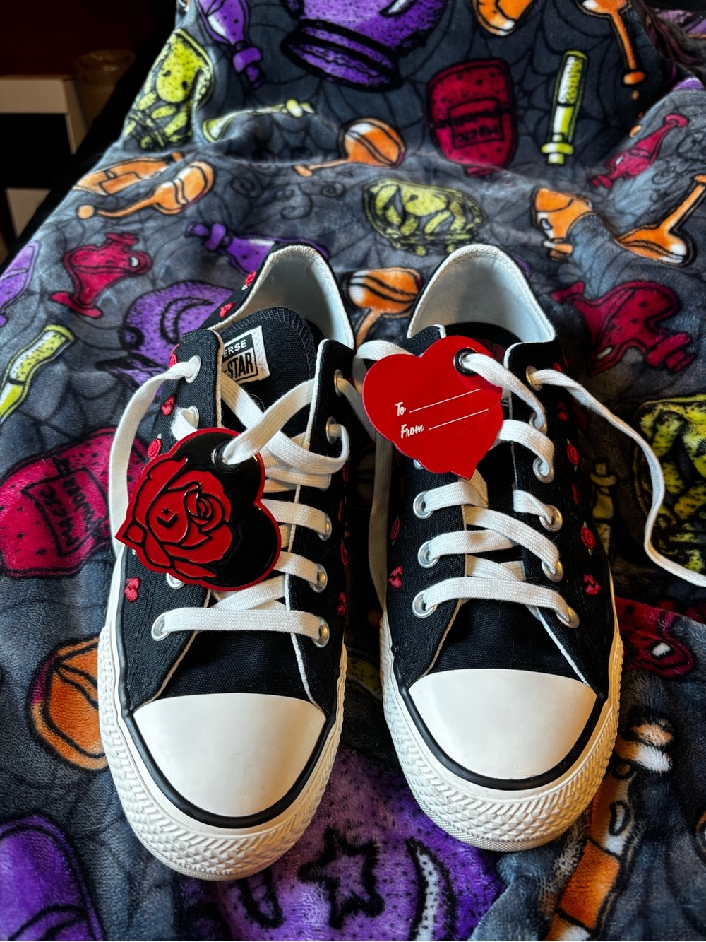 Black Low-Top Sneakers with Red Heart & Rose Accents